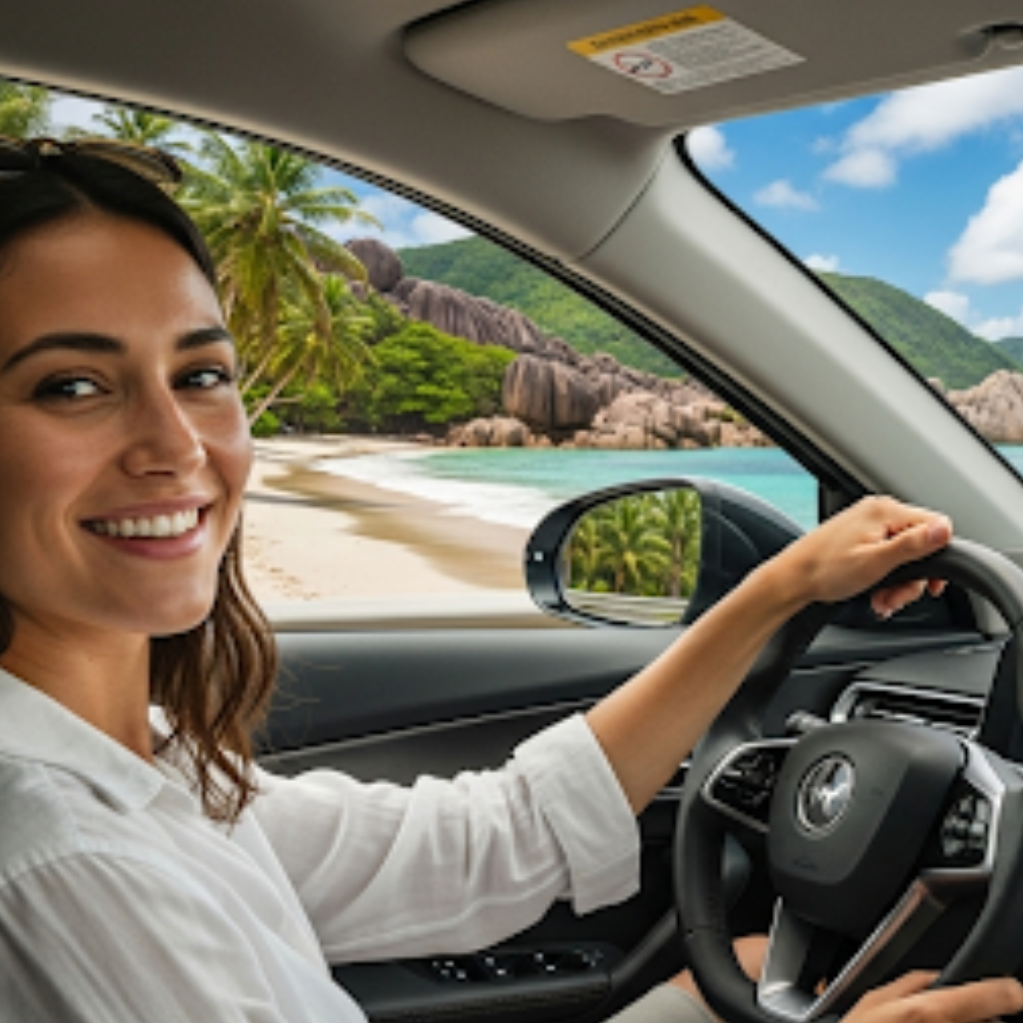 A person driving a car through scenic island roads